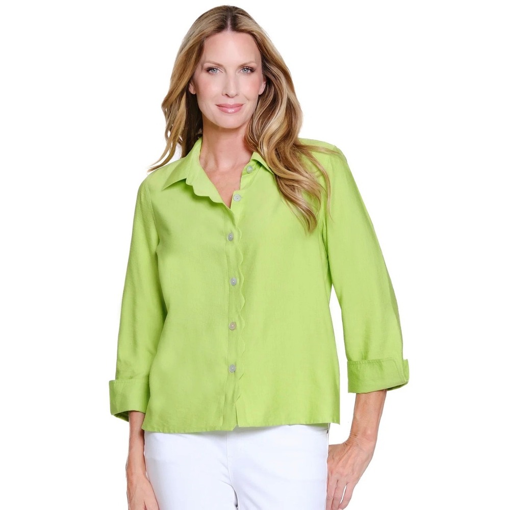 100% LINEN Chico's Button Down Shirt Top No Iron Long Vintage Green Medium 1